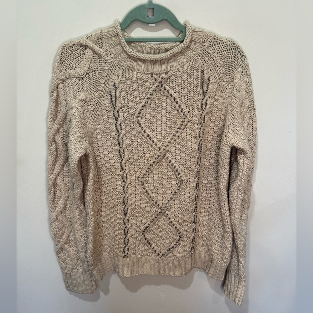 J. Crew NWT Chunky Cable Knit Beaded Sweater Tan XL Merino Wool Blend